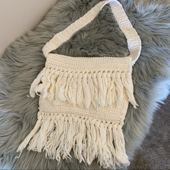 Handbags - Cream Shoulder Bag. Fold Over Flap. Fringe. Knit.